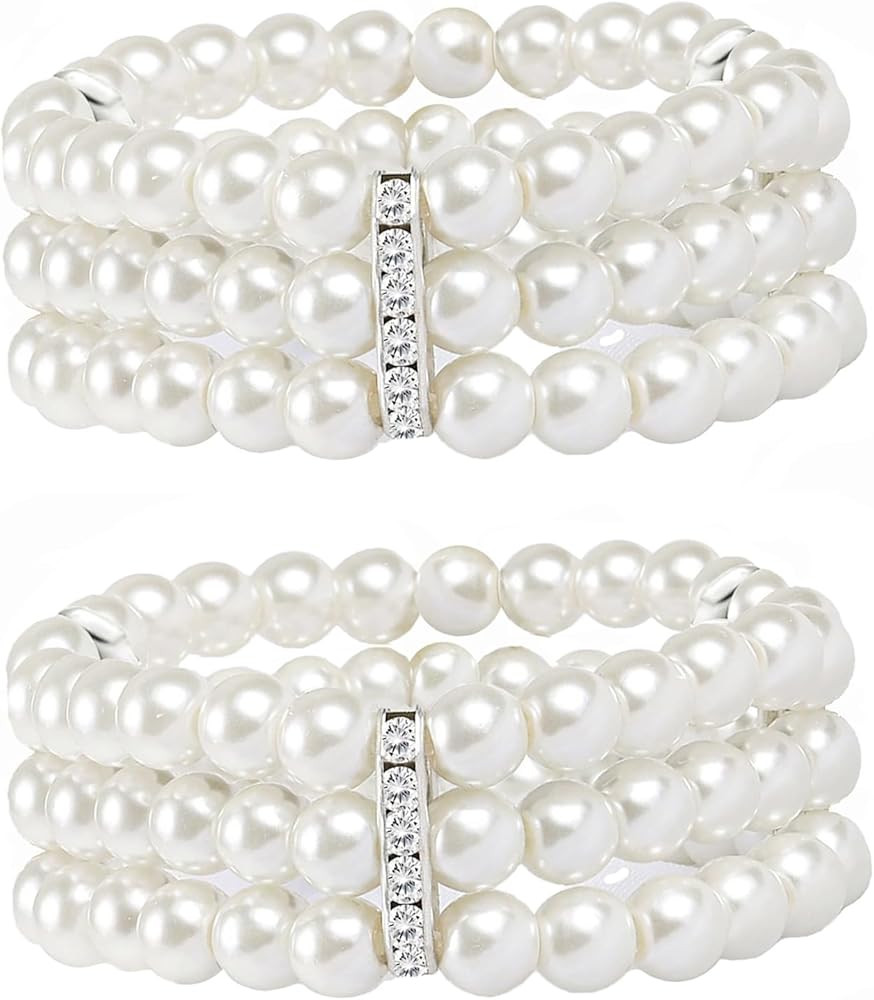 2-8Pcs 1920s Flapper Imitation Pearl Bracelet 3-Rows Stretch Bracelet Multi-Layered Elastic Bangl... | Amazon (US)