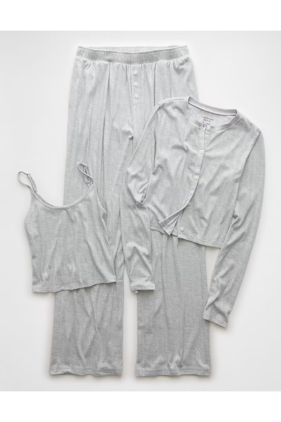 AE 3-Piece Pointelle Plush Cardigan Pajama Set Women's Light Heather Gray M | American Eagle Outfitters (US & CA)