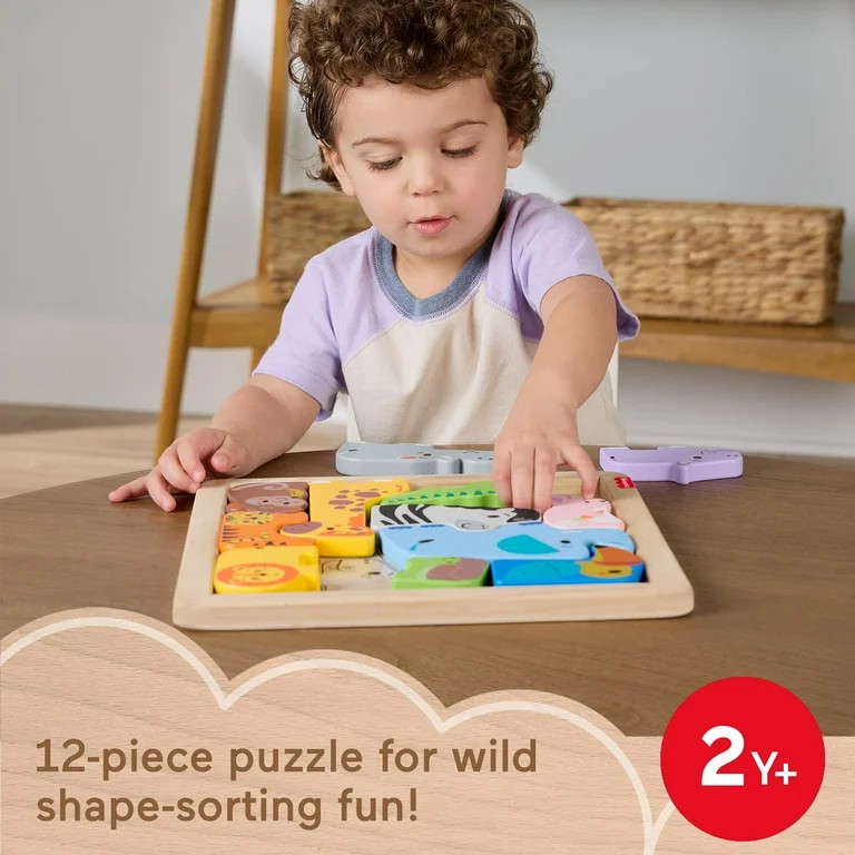 Fisher-Price Wooden Animal Puzzle, Shape-Sorting Activity for Kids, 12 Wood Blocks | Walmart (US)