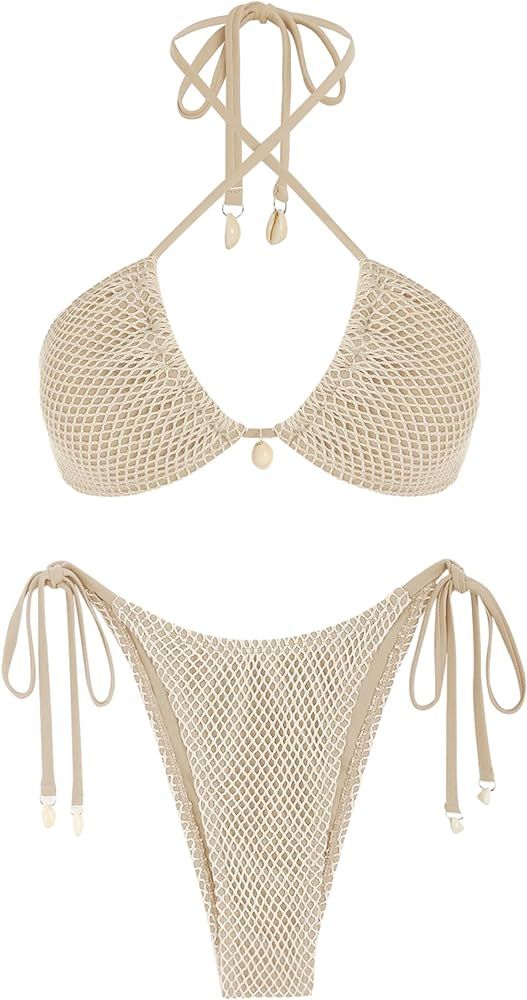 ZAFUL Women's Bikini Set Fishnet Triangle Tie Convertible Collar Halter Bandeau Shell Two Piece B... | Amazon (US)