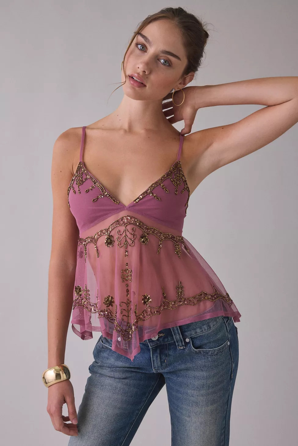 Kimchi Blue Celia Beaded Sheer Mesh Babydoll Cami | Urban Outfitters (US and RoW)
