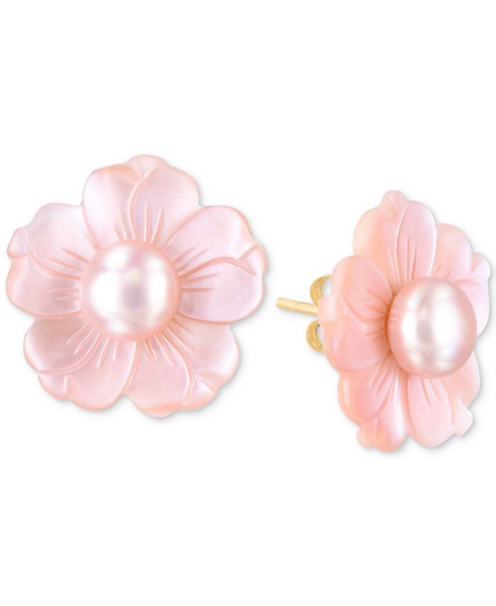 Macy's Pink Freshwater Pearl (8mm) & Mother-of-Pearl Flower Stud Earrings in 14k Gold & Reviews -... | Macys (US)
