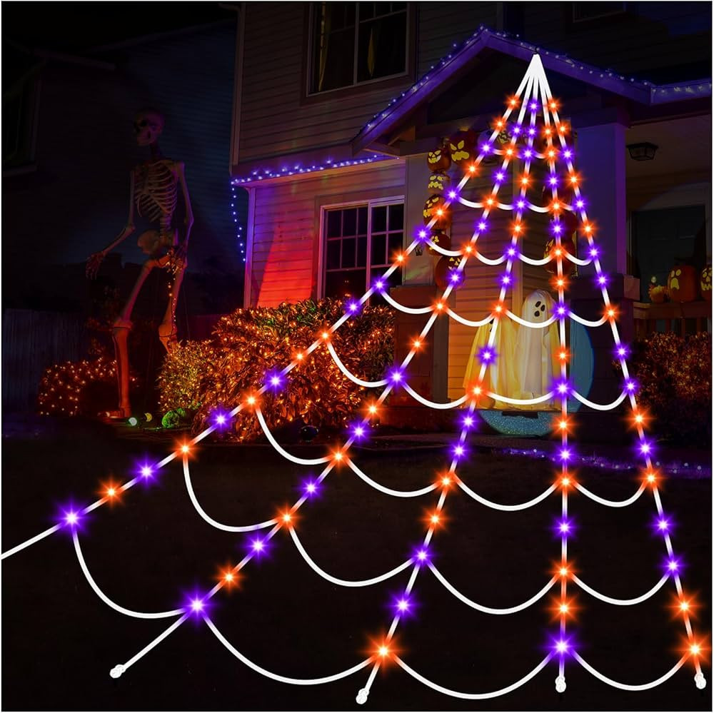Aitbay Halloween Decorations Outdoor Spiders Web Lights: 150 Purple & Orange LED Light Decor, 17.... | Amazon (US)