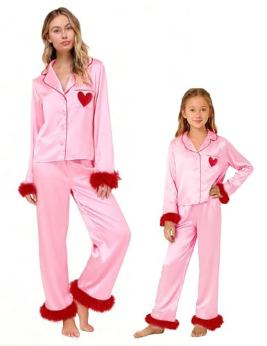 Seyurigaoka Mommy and Me Valentines Pajamas Set 2 Piece Satin Silk Feather Trim Heart Pjs for Mom Daughter Women Girl (Girls, 11-12 Years, Heart Pink) | Amazon (US)
