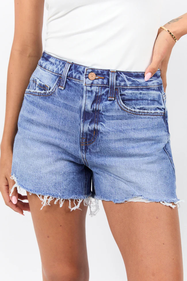 Emmy High Waisted Stretch Relaxed Raw Hem Denim Shorts | Pink Lily