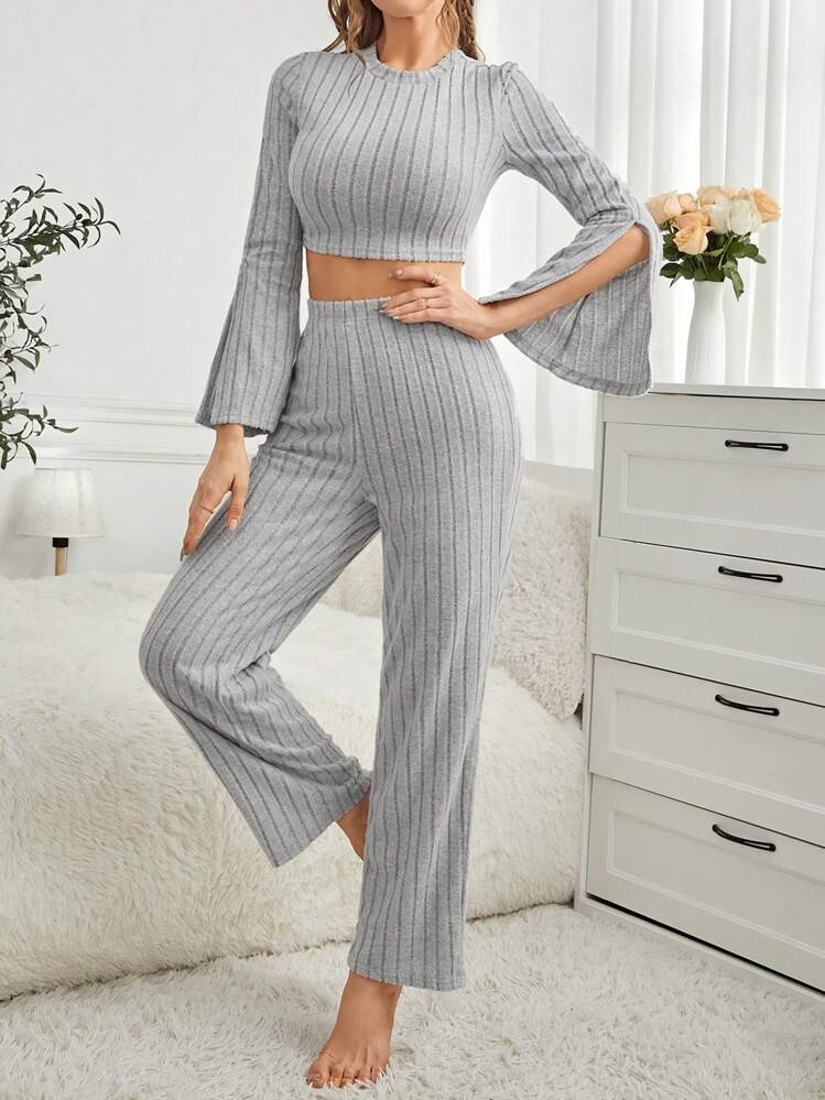 Ladies' Plain Ribbed Knit Homewear Set | SHEIN