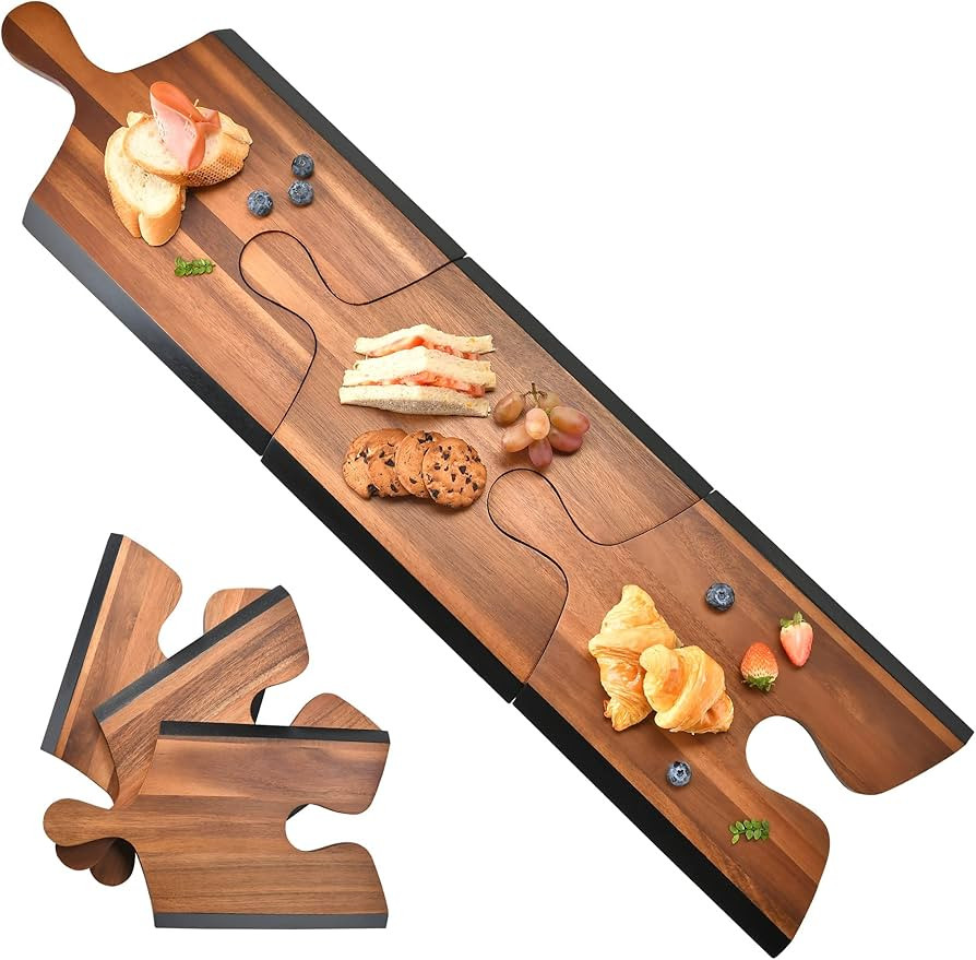 Shanik Acacia Wood Cheese Board Set with Puzzle Handles, Set of 3, Natural Wood Party Serving Pla... | Amazon (US)