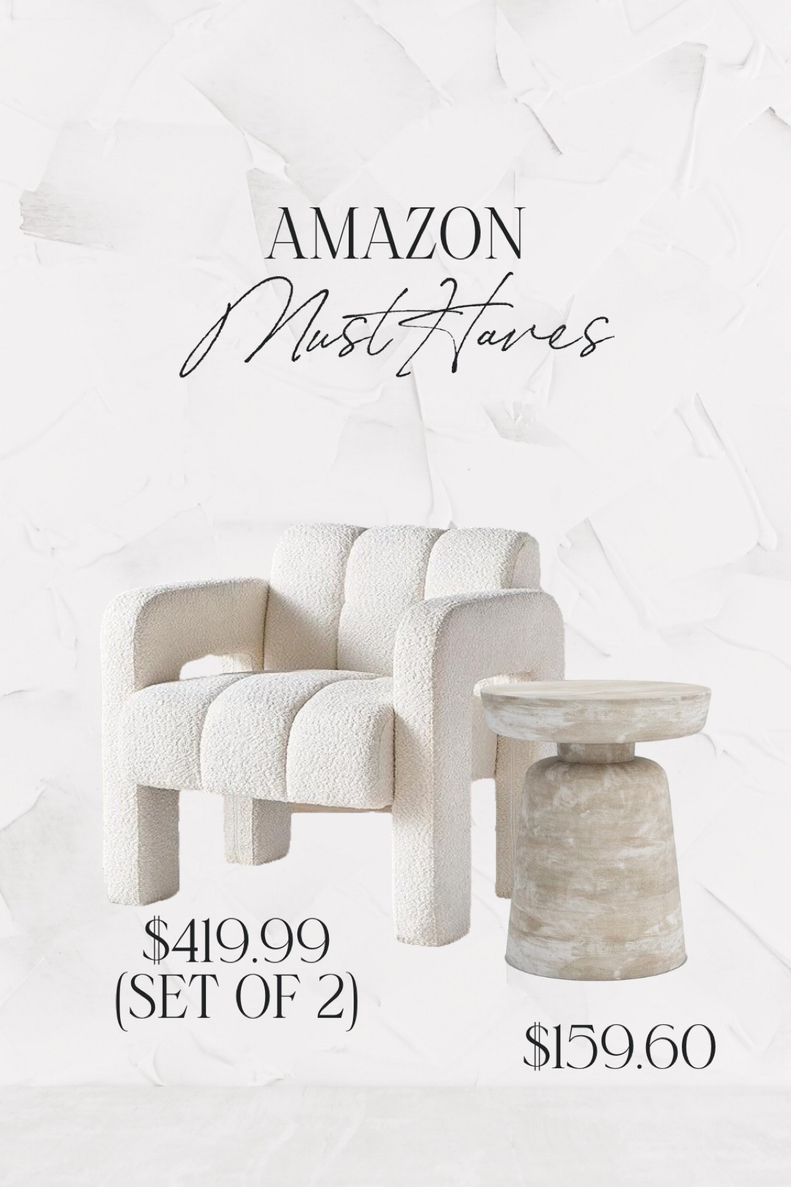 Light and airy Amazon home must haves! Whitewash, wood side table with a set of boucle chairs at GREAT prices! Perfect to style in any office, bedroom, living room, or that awkward, random corner ;)