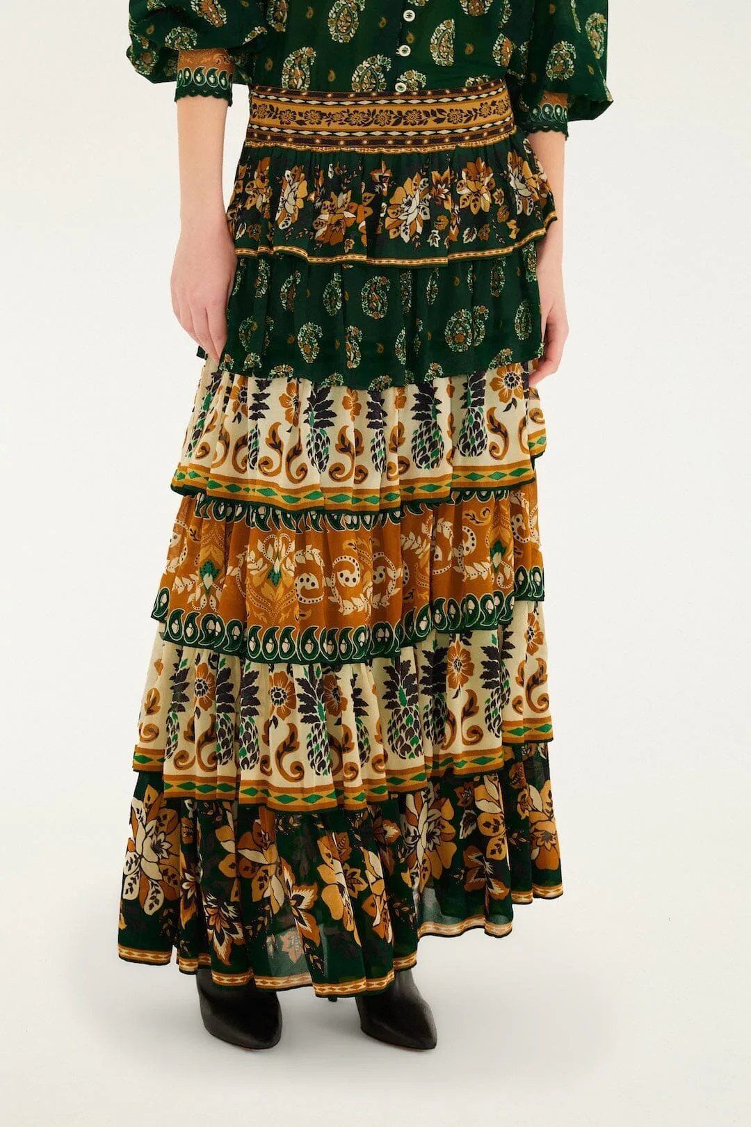 Green Ayla Mixed Scarves Layered Maxi Skirt | FARM Rio | FarmRio (US)