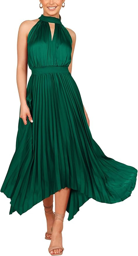 PRETTYGARDEN Summer Dress for Women Elegant Halter Neck Cut Out Irregular Hem Pleated Midi A-Line... | Amazon (US)