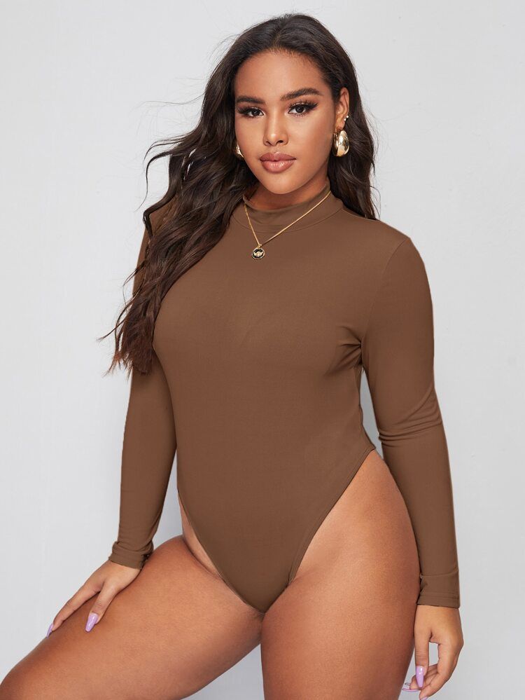 Plus Mock Neck Fitted Tee Bodysuit | SHEIN