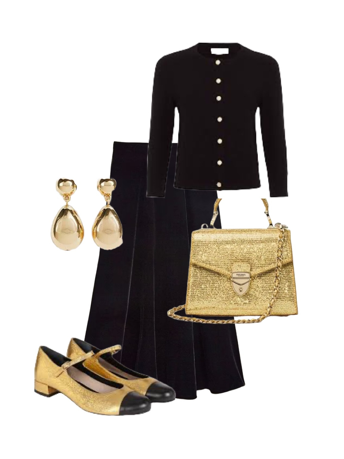 Gold and black timelessness for the party season! Partner the beautiful Hobbs London Charteris black velvet Limited Edition midi skirt with Phase Eight’s elegant black Robin button through cardigan with gold buttons, LK Bennett’s glamorous Tilly gold drop earrings, Aspinal of London’s brand new gold sparkle Mini Mayfair bag and Augusta’s Lola Mary Janes in gold leather with black toe cap - the detail that ties this look together perfectly! ✨✨✨

Use limited time 25% off everything code STYLELKB20 when shopping at LK Bennett London this weekend. If you miss this use my personal code REBECCALIPKINAUTHOR15 for a 15% discount on full price styles.
#partyseason #partywear

#LTKwinter #LTKuk #LTKeurope