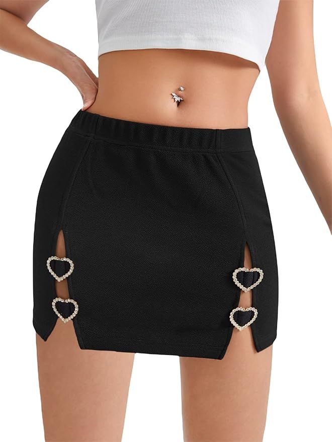MakeMeChic Women's Rhinestone Heart Split Hem Mini Short Bodycon Skirt | Amazon (US)