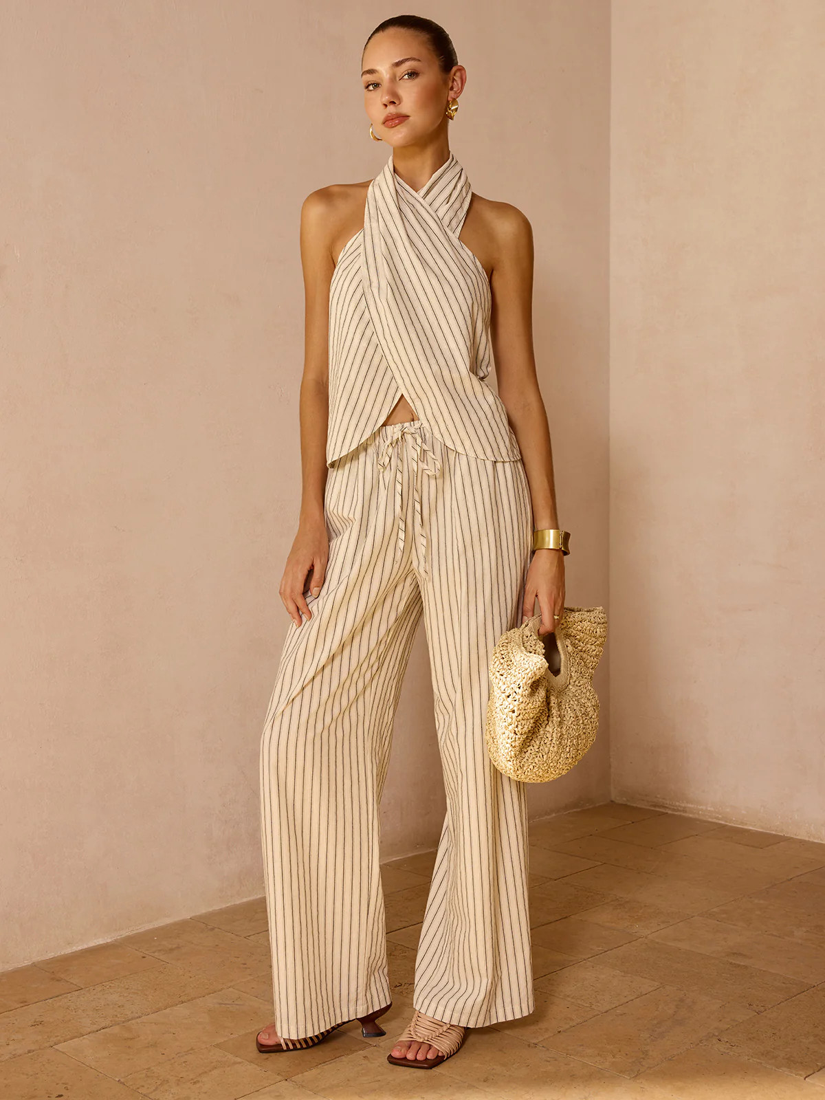 Striped Cotton Linen Halter Top & Pant Set | Commense