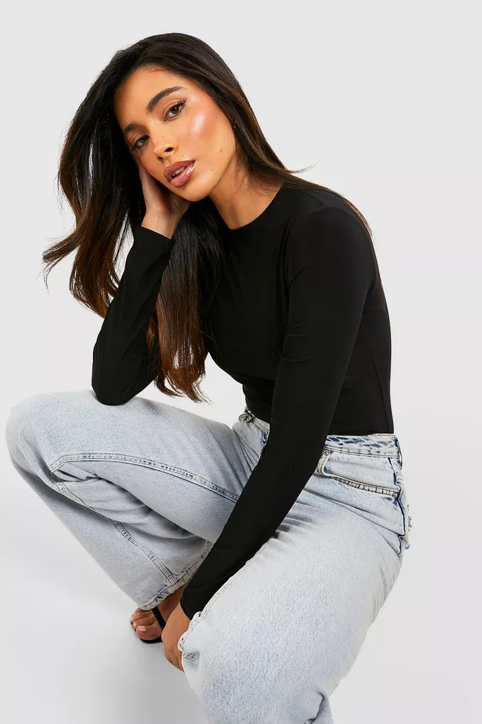Black Double Layer Slinky Long Sleeve Crew Neck Bodysuit | Boohoo.com (UK & IE)