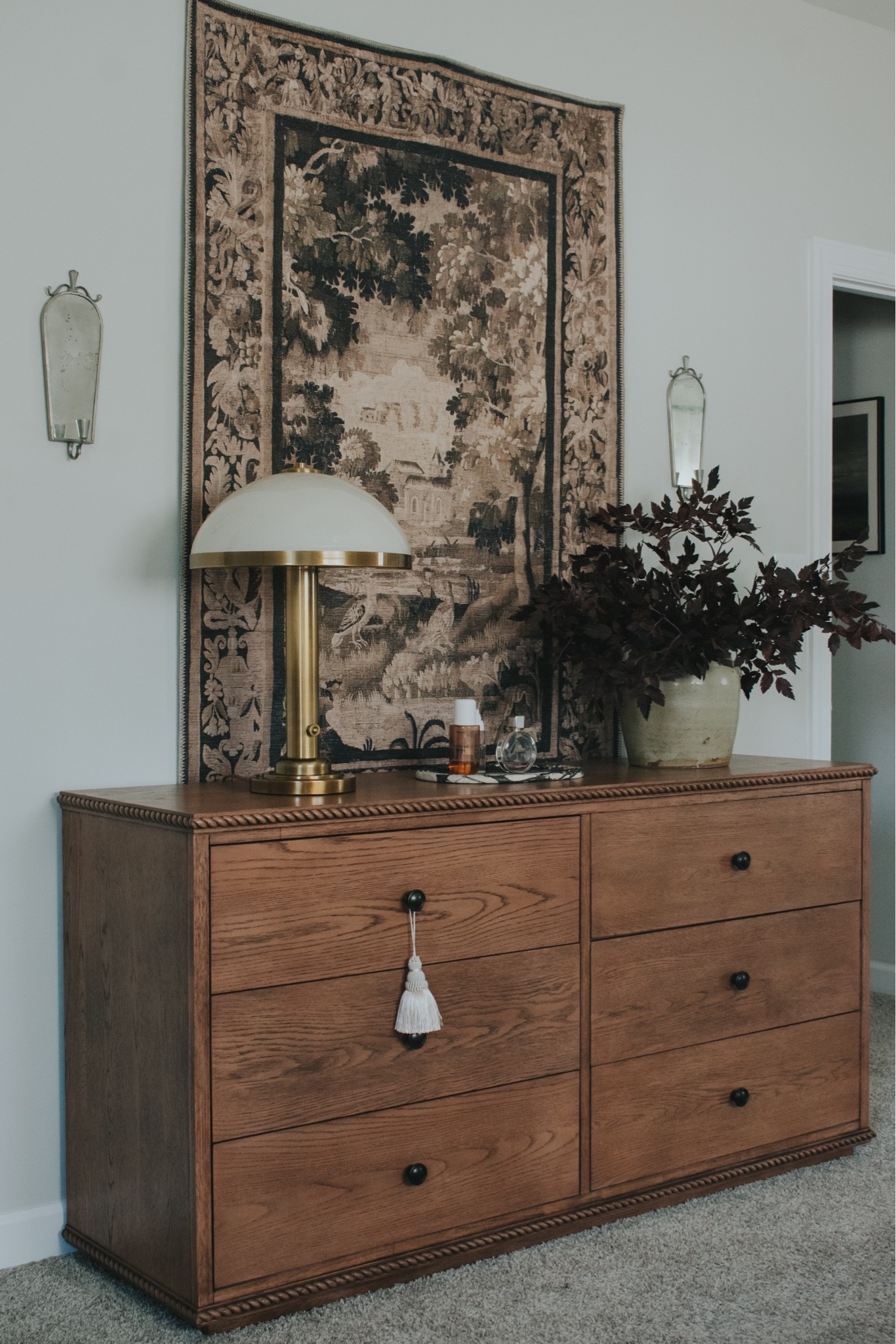 Rope detail dresser, dresser styling, rug tapestry, wall tapestry, glass lamp, Williams Sonoma

#LTKHome