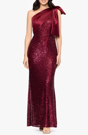 Betsy & Adam Sequin Bow One-Shoulder Column Gown in Burgundy at Nordstrom Rack, Size 6 | Nordstrom Rack