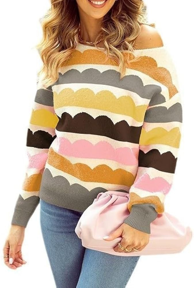 Womens Fall Long Sleeve Sweater Oversized Drop Shoulder Striped Color Block Winter Pullover Sweat... | Amazon (US)
