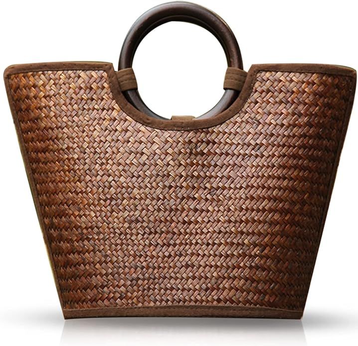 Straw Bag for Women, Summer Beach Handmade Rattan Tote Bag, Round Wooden Handle, Boho Retro Straw... | Amazon (US)
