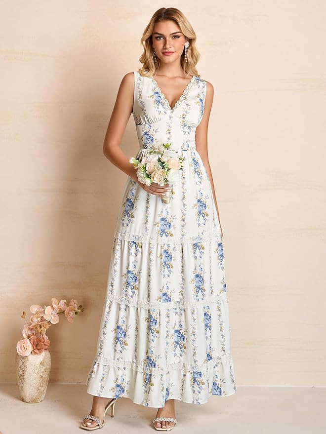 KUTUMAI Summer Lace Floral Wedding Guest Maxi Dresses for Women V Neck Corset Long Flowy Tea Part... | Amazon (US)