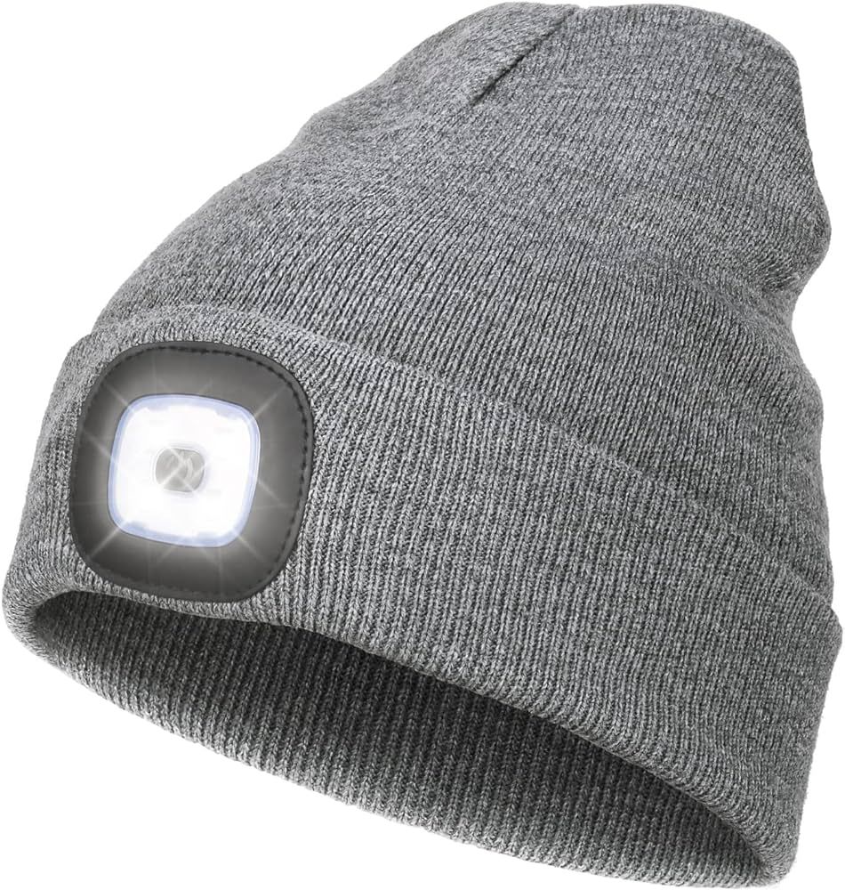 LED Beanie with Light,Unisex USB Rechargeable Hands Free 4 LED Headlamp Cap Winter Knitted Night ... | Amazon (US)