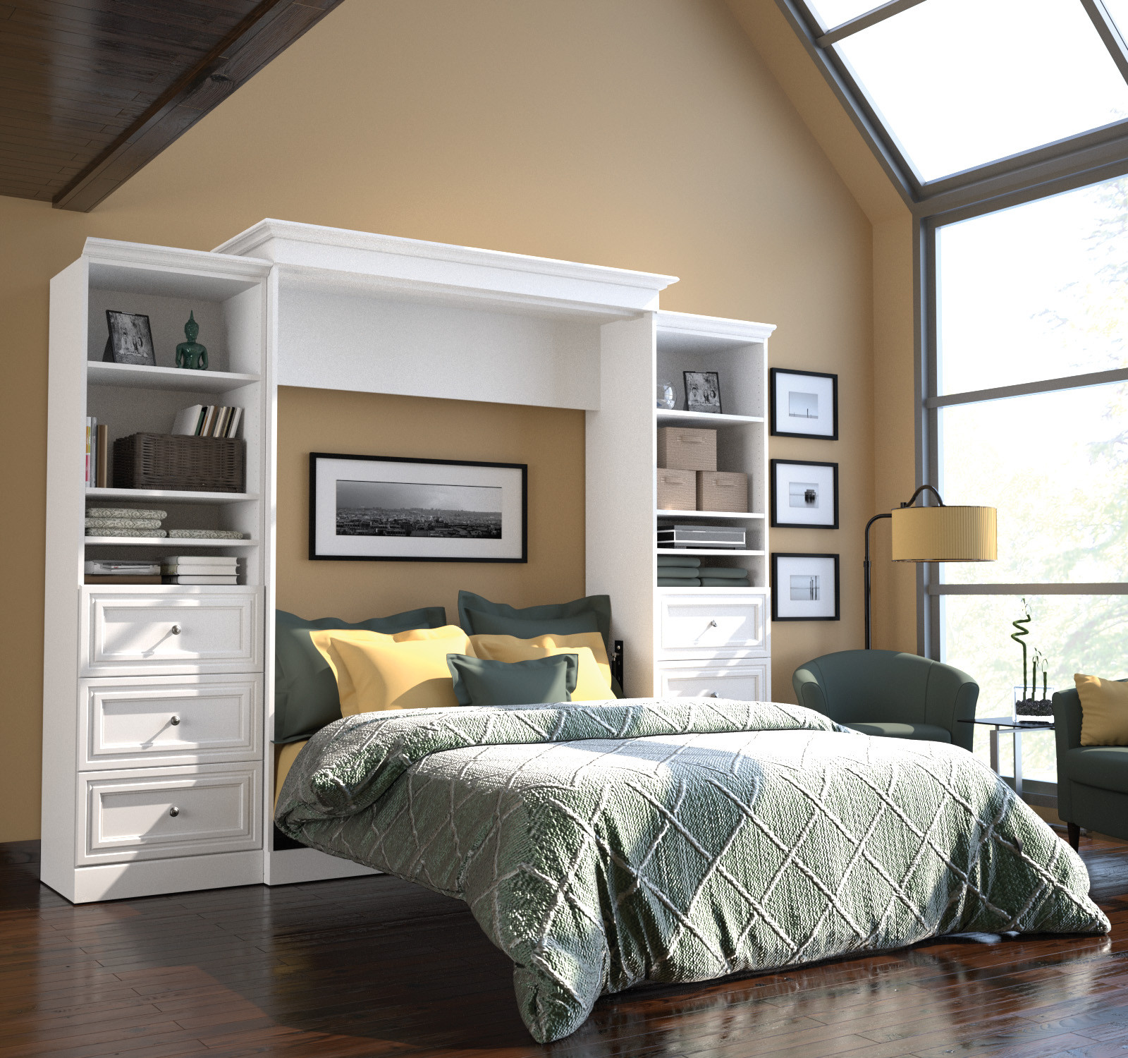 Versatile White 115'' Drawer Storage Queen Wall Bed | 1stopbedrooms