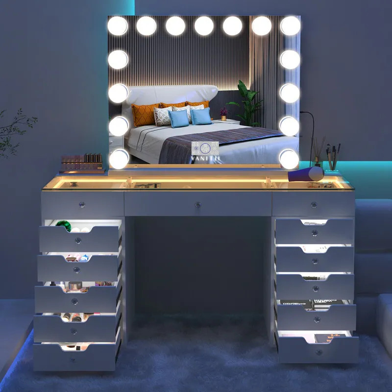VANITII 13 Drawers Modern Makeup Vanity Desk Dresser Drawer With LED Light For Bedroom White Finish Metal | Bed Bath & Beyond