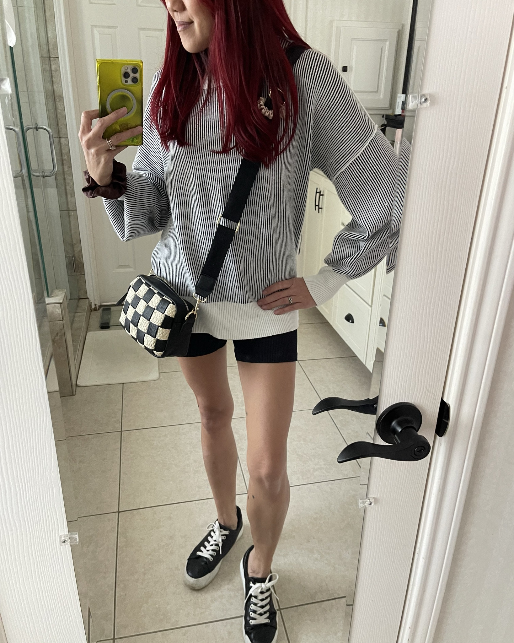 OOTD Inspo— the people’s princess sweatshirt and shorts, but make it a cozy two tone black and white knit sweater for Fall, bike shorts with no middle seam, and platform sneakers. This makes a comfy travel outfit or wear it to grab a cup of coffee  

Black and white casual outfit, red semi permanent hair color, and neon green square 🟩 bumper corner phone case, transparent jelly iPhone case 

#LTKFindsUnder50 #LTKTravel #LTKSaleAlert