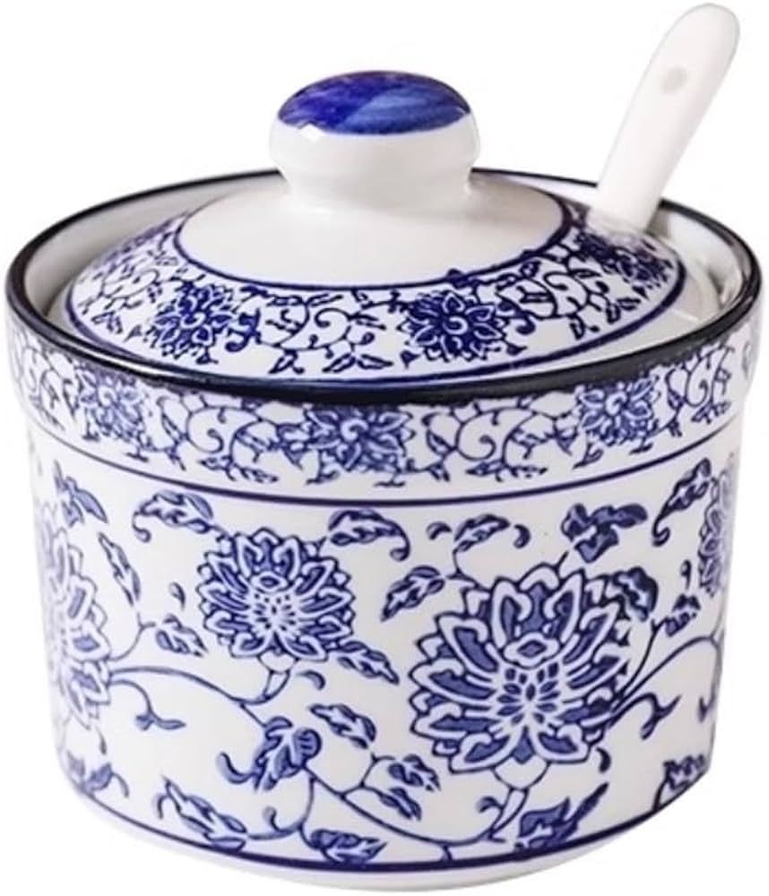 123Arts Ceramic Blue and White Sugar Bowl Spice Jar with Lid Spoon Seasoning Pot | Amazon (US)