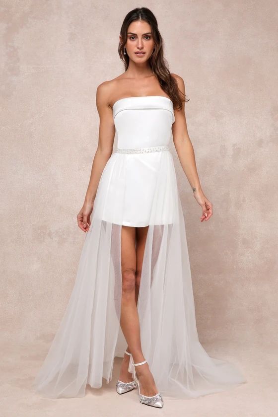 Special Radiance White Satin Strapless Romper with Overskirt | Lulus