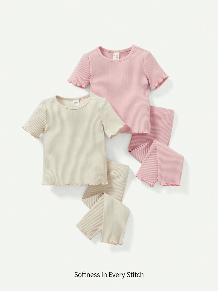 Cozy Cub Baby Girls' Plain Round Neck Scallop Hem Short Sleeve Top And Long Pants 4Pcs Set Matchi... | SHEIN
