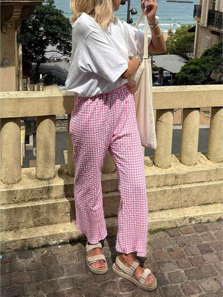Women's Summer Casual Pants Plaid Drawstring High Waist Straight Leg Trousers Gingham Palazzo Harem Pants For Daily Wear Fashion Outfits | SHEIN
