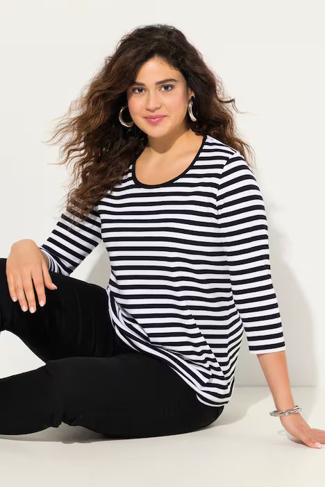 Striped 3/4 Sleeve Ribbed Jersey Tee | Ulla Popken - US