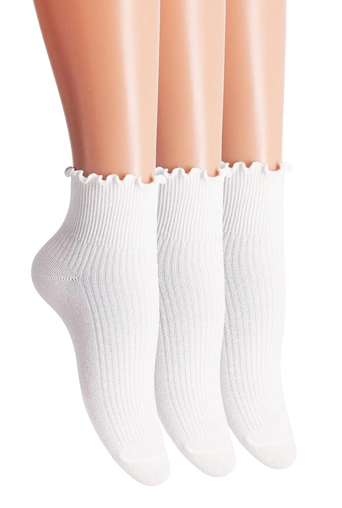 SRYL Women Ankle Socks Ruffle Turn-Cuff,Lovely double needle solid color edge relent Girl socks | Amazon (US)