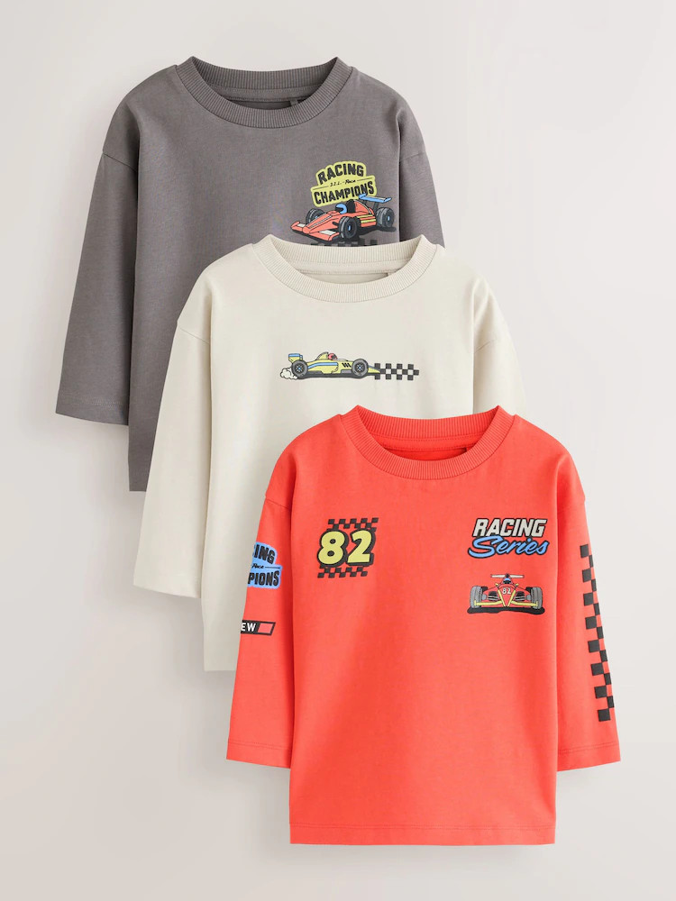 Red White Racing Car Long Sleeve Graphic T-Shirts 3 Pack (3mths-7yrs) | Next US