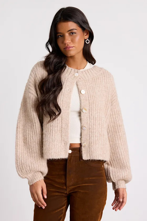 Marsden Heathered Beige Boxy Cardigan Sweater | Lulus