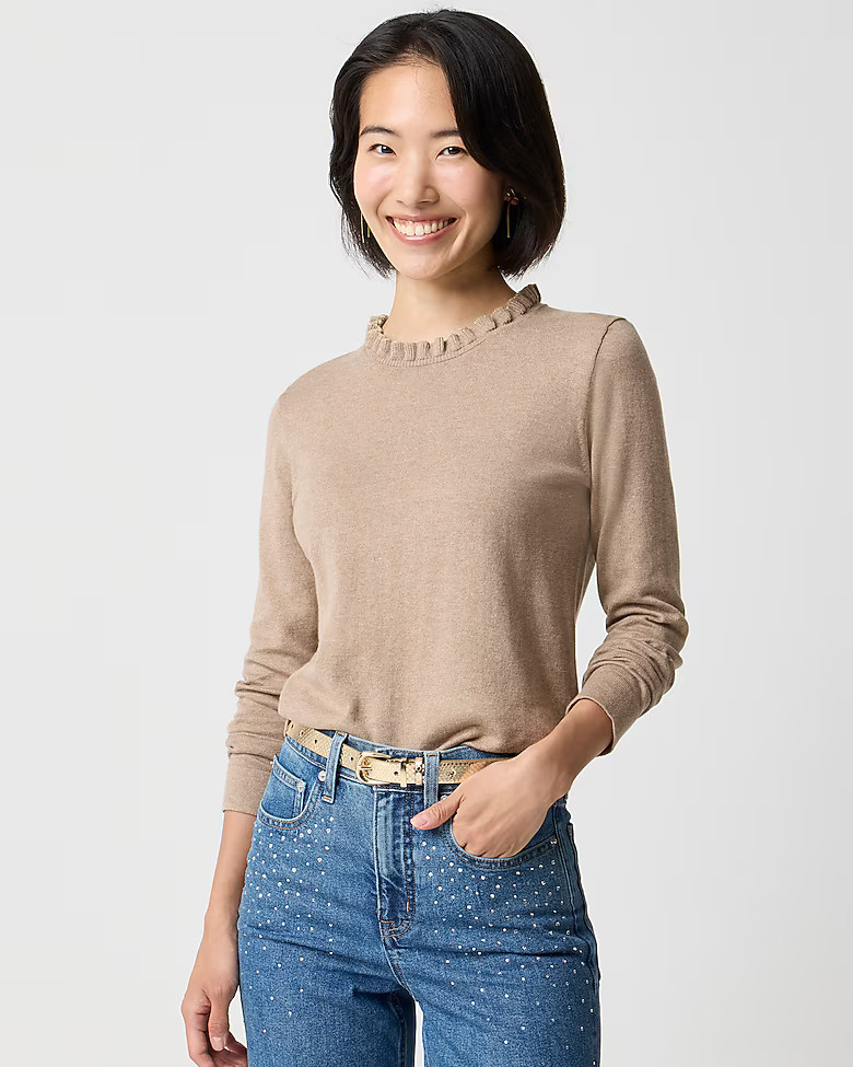 Cotton ruffleneck sweater with metallic trim | J.Crew Factory