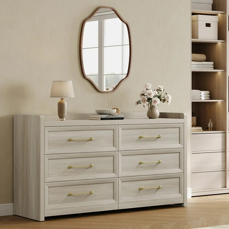 SICOTAS 56.4"W Farmhouse 6 Drawer Double Dresser, Long Chest of Drawers with Brass-tone Handles &... | Walmart (US)