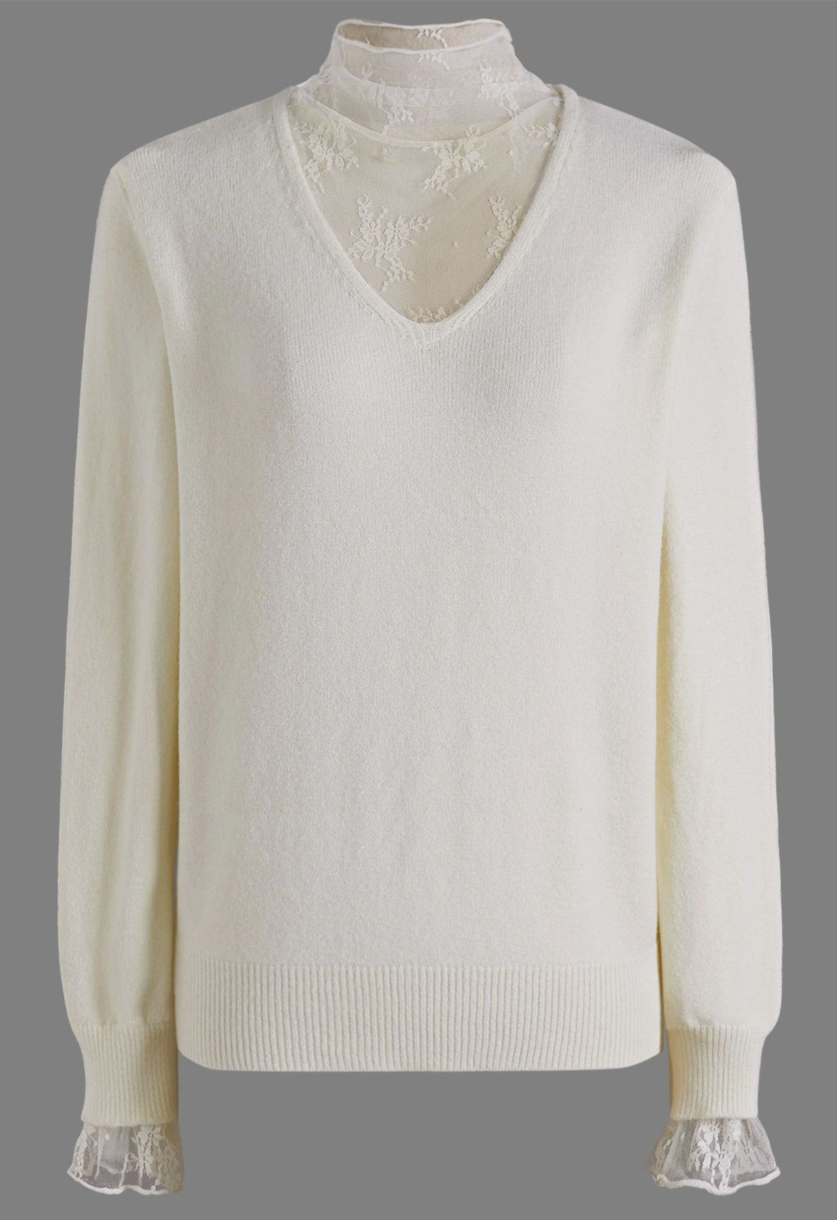 Floret Lace Inserted Mock Neck Knit Top in Ivory | Chicwish