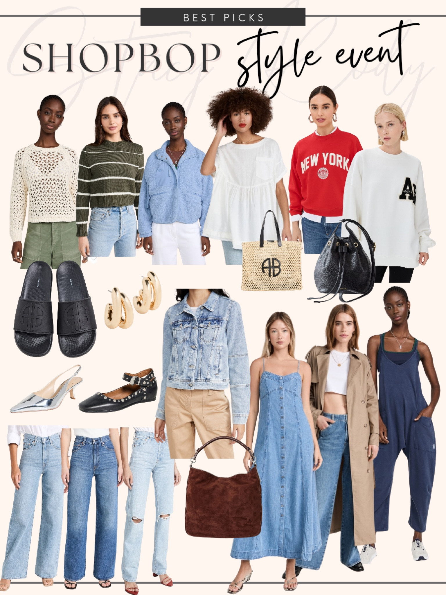 Save up to 25% off at the Shopbop sale 
Free People 
Striped Sweater 
Wide leg denim 
Jean jacket 
Anine Bing sweatshirts and bags (my favorite) 
Fashion slides 

#LTKFindsUnder100 #LTKStyleTip #LTKSaleAlert