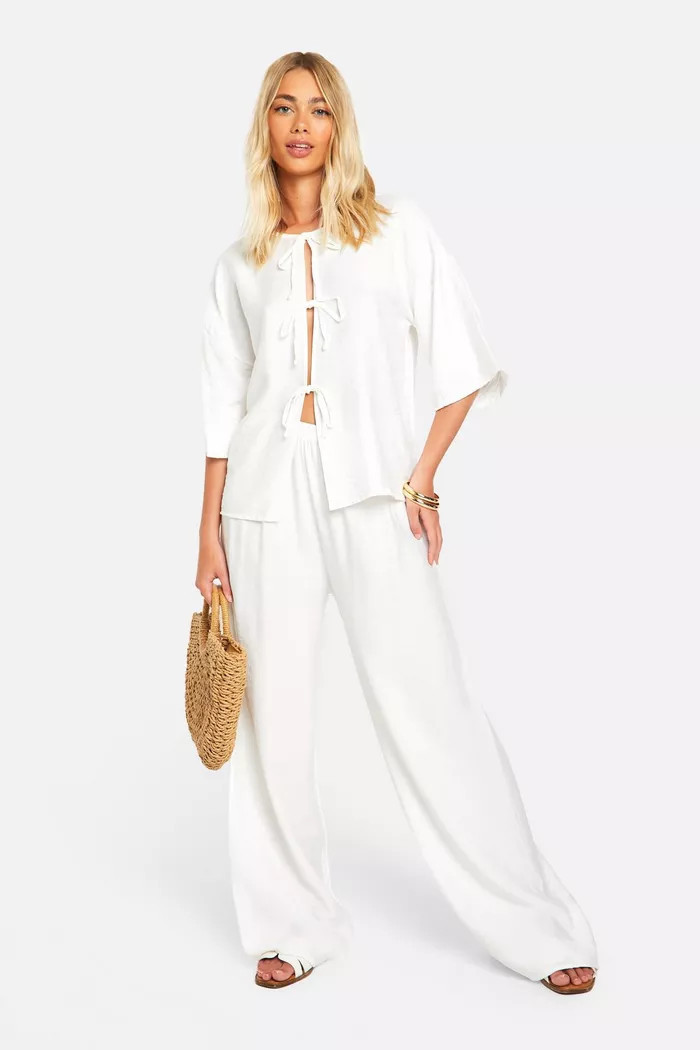 Linen Look Tie Front Top & Wide Leg Pants | boohoo (US & Canada)