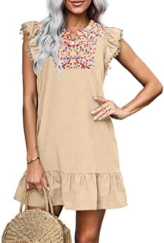 KIRUNDO Womens Summer Mini Dress 2026 Spring Beach Vacation Boho Floral Embroidered V Neck Ruffle... | Amazon (US)