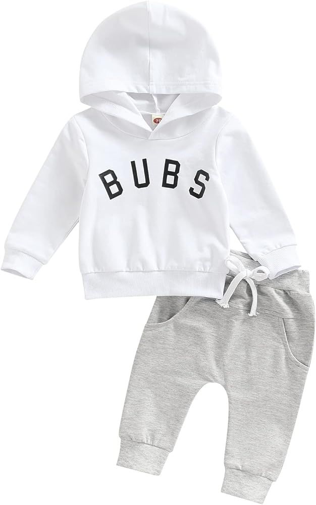 Infant Baby Boy Clothes Set Letter Printed Long Sleeve Hooded Pullover Tops + Elastic Drawstring Pan | Amazon (US)