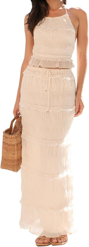 Women Y2K Ruffle 2 Piece Skirt Set Spaghetti Strap Ruched Cami Top Tiered Flowy Long Skirt Boho B... | Amazon (US)