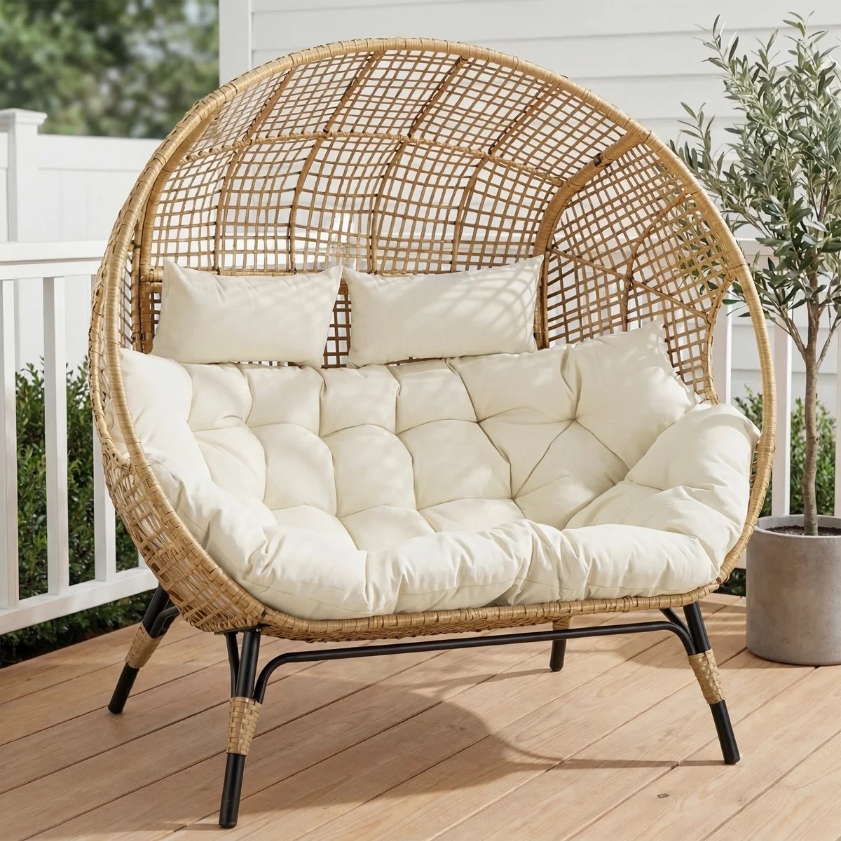This oversized 2-person wicker rattan egg chair from Wayfair looks like the ultimate outdoor lounging spot. I love the rounded woven frame, extra-deep tufted ivory cushion, and matching throw pillows for a covered patio, porch, or backyard retreat. It’s included in Wayfair’s Labor Day Deal and currently shown at $306.99. #WayfairFinds #EggChair #PatioFurniture #OutdoorLiving