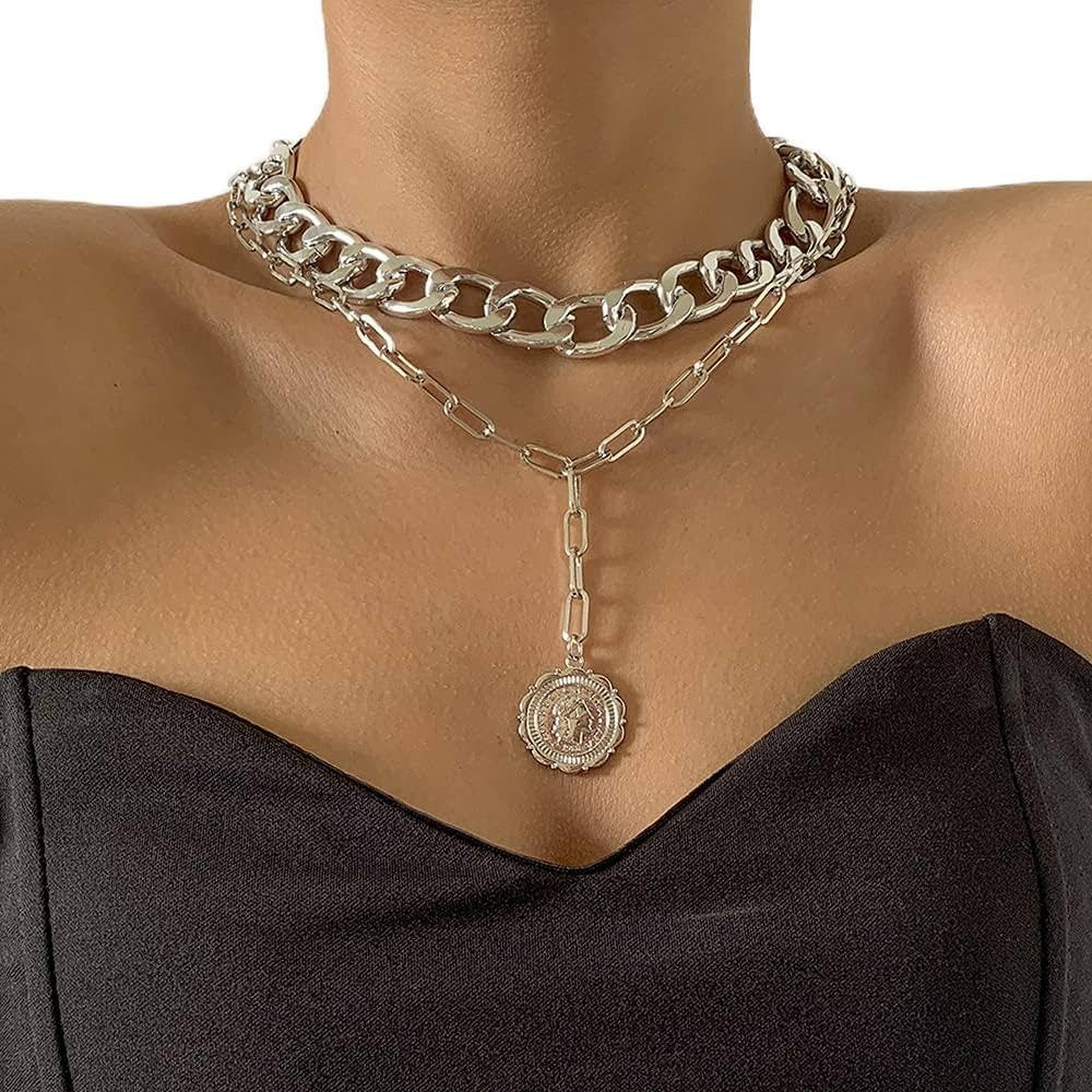 JWICOS Dainty Layered Silver Women's Cuban Chain Necklace Bohemian Coin Pendant Link Chunky Neckl... | Amazon (US)
