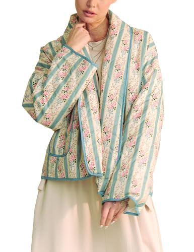 Womens Cropped Quilted Lightweight Jackets Floral Printed Open Front Puffer Coat Cardigan(0754-Green-L) | Amazon (US)