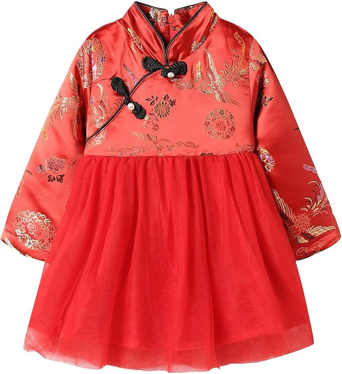 LittleSpring Girls Qipao Dress Long Sleeve Fleece Lined Chinese Dress 1-10 Years | Amazon (US)
