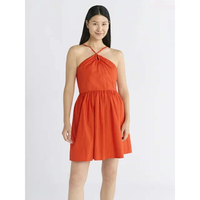 Free Assembly Women's Sleeveless Halter Fit and Flare Cotton Mini Dress, XS-XXL - Walmart.com | Walmart (US)