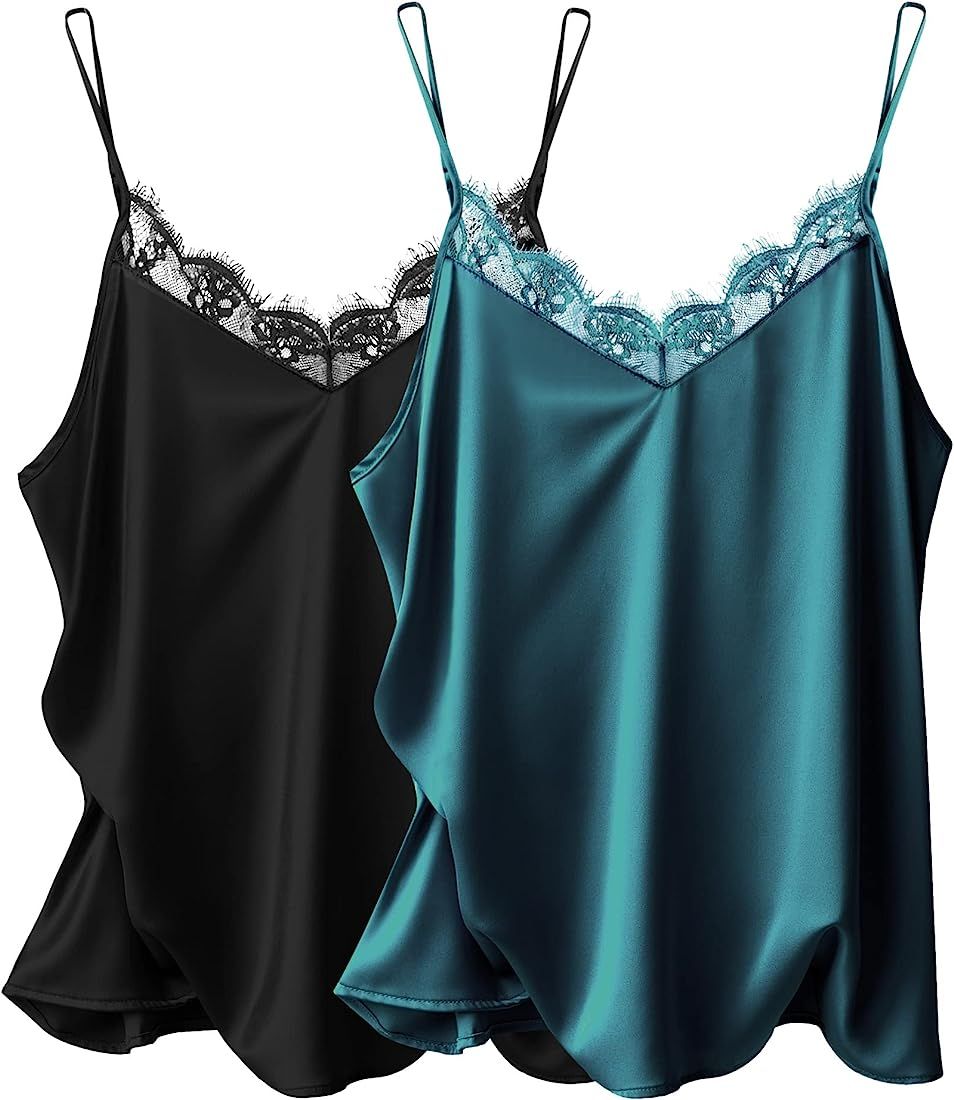 Ekouaer Women's 2 PCS Lace Silk Stain Cami Tank Top Basic V Neck Camisole Spaghetti Strap Tops | Amazon (US)